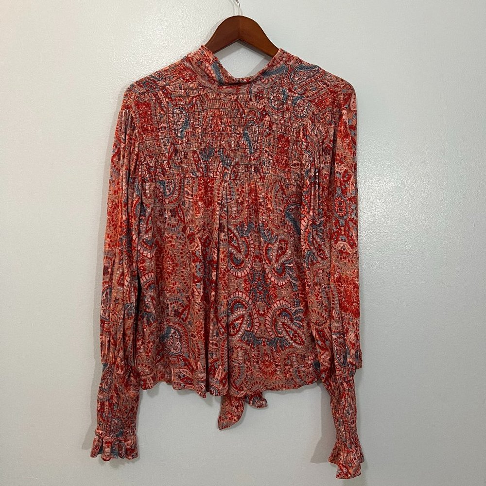 Free People Pink Floral Vista Dreams Smocked Tie V-Neck Oversized Top Blouse XS - Picture 5 of 8